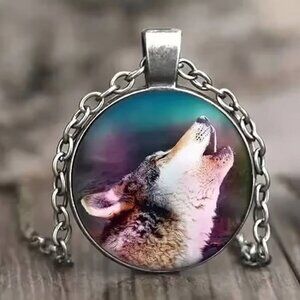Silver WOLF Glass Cabochon Pendant Necklace